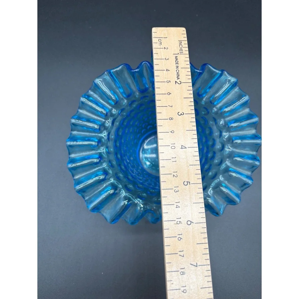Blue‎ Hobnail Glass Ruffled Creamer Pitcher Dish Vintage